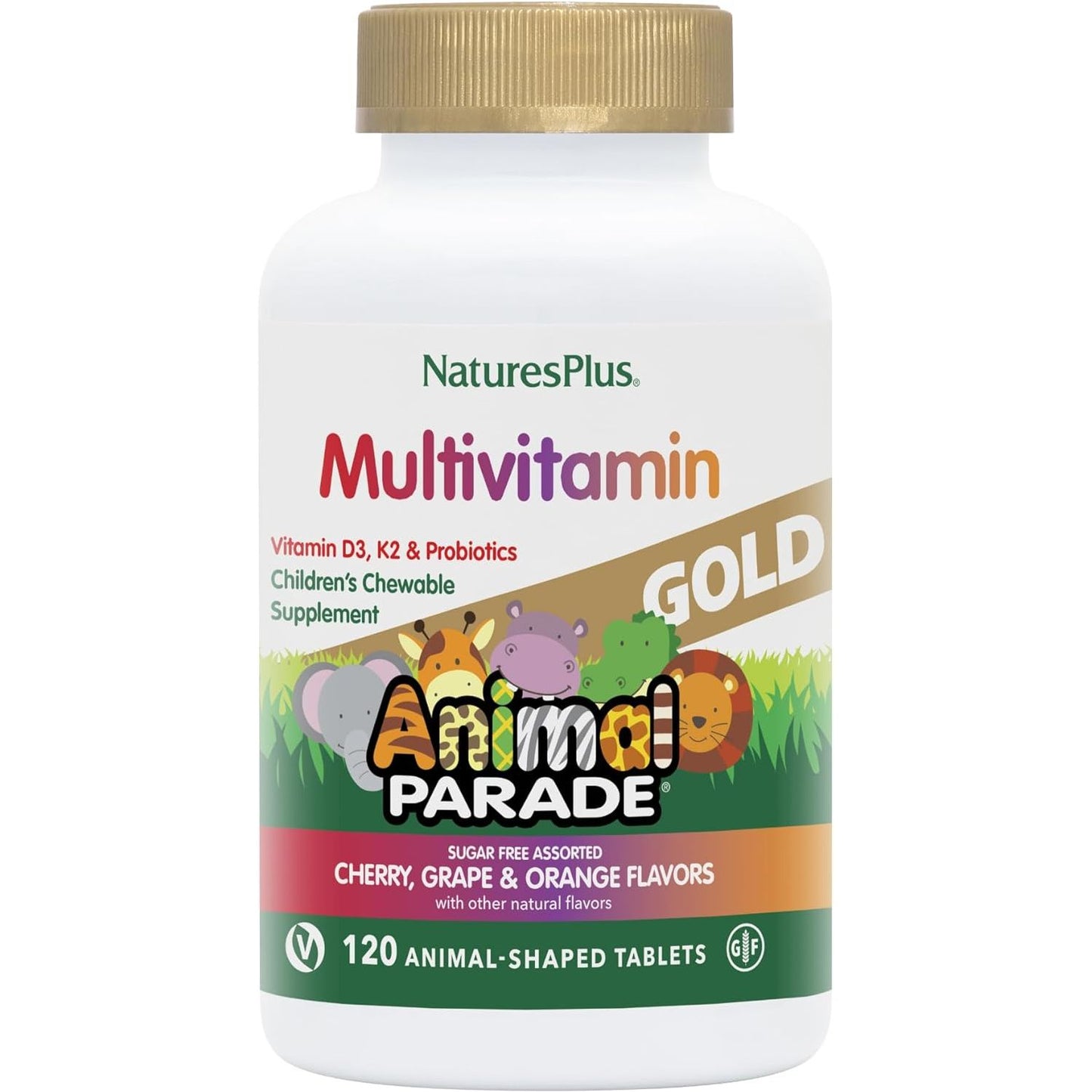 Natures Plus Animal Parade Gold Children's Multivitamin - Assorted Cherry, Orange & Grape Flavors - 120 Chewable Animal-Shaped Tablets - Vegetarian, Gluten Free - 60 Servings